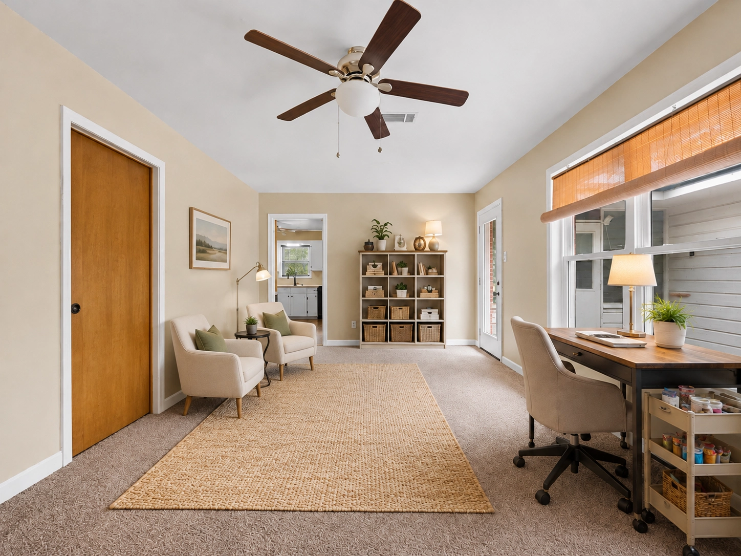 AI-staged suggestion showing the back bedroom as a flexible office and reading room